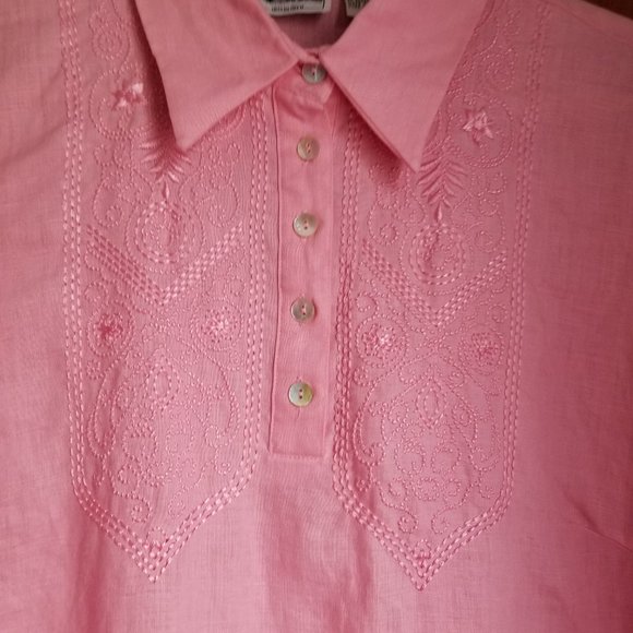 Irish linen, embroidery, 3/4 sleeve, open/closed collar, M, Edward's, vintage - Picture 4 of 8